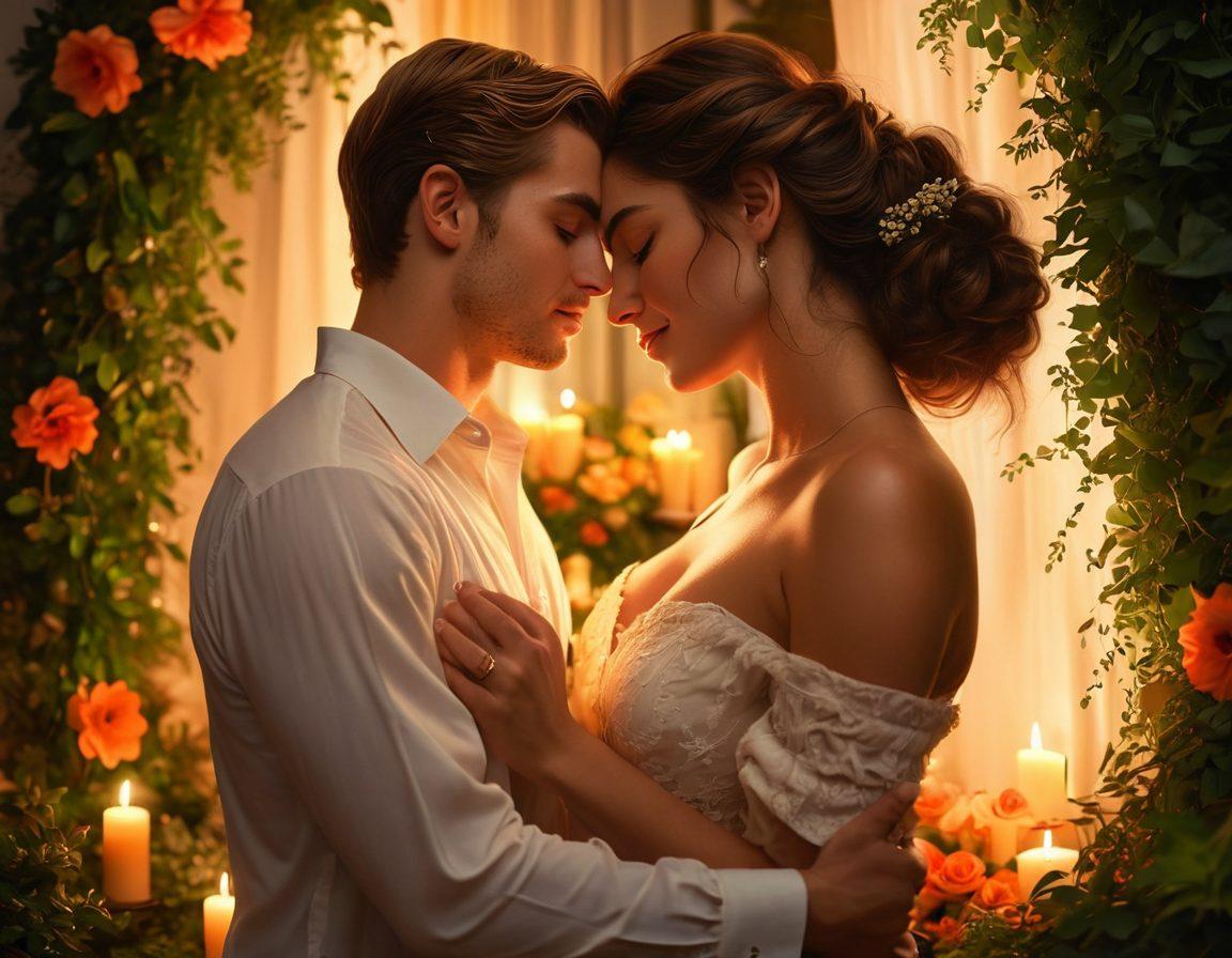 A couple intertwined in a warm embrace, surrounded by soft candlelight that casts a gentle glow, with lush greenery in the background symbolizing growth and nurturing. Their expressions radiate love and intimacy, reflecting deep connection and passion. Romantic elements like flowers and heart-shaped decor enhance the scene. super-realistic. warm tones. vibrant colors.