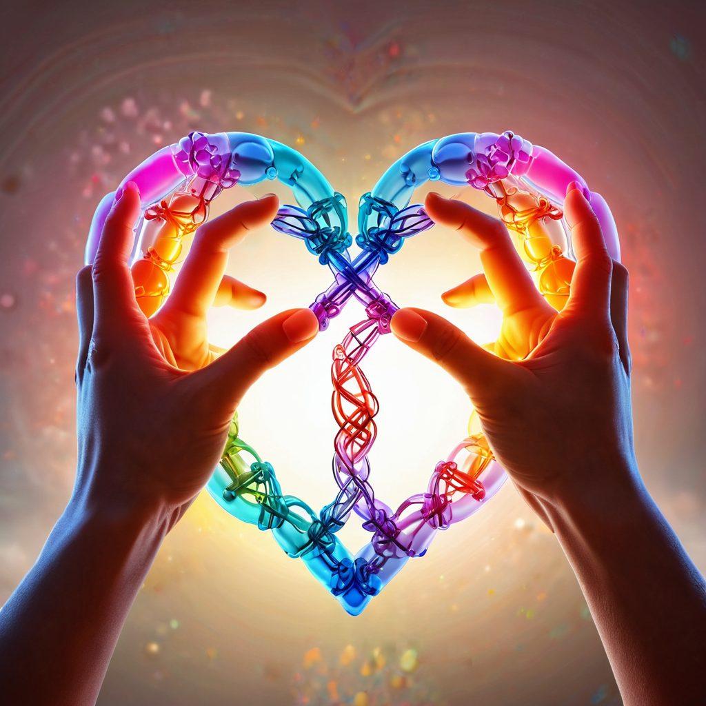 A heart-shaped chemical structure with colorful elements representing love and commitment. Two intertwined hands forming a bond, surrounded by glowing molecules symbolizing affection and partnership. Soft, warm lighting highlighting the chemistry between the figures, evoking emotion and connection. A faint lab backdrop to emphasize the scientific theme. super-realistic. vibrant colors. soft glow.