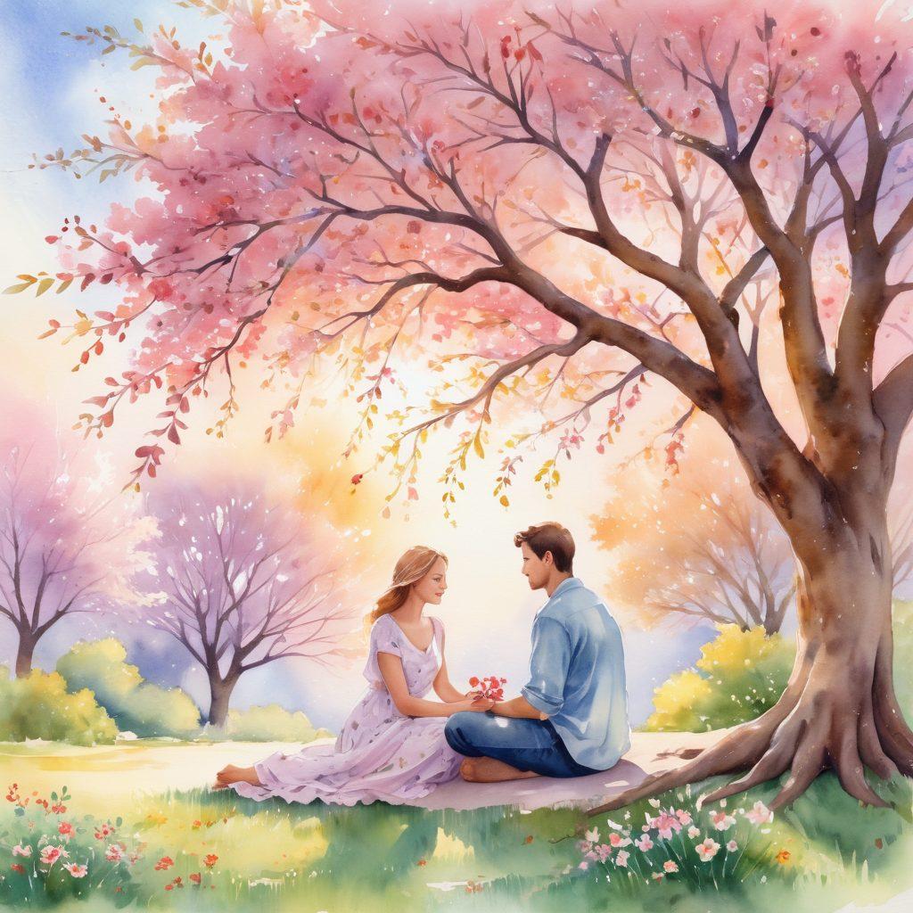 A serene scene depicting a couple sitting together under a blossoming tree, sharing a heartfelt conversation, surrounded by symbols of trust like intertwined hearts and blooming flowers, with soft sunlight filtering through the leaves. The atmosphere is warm and inviting, emphasizing connection and affection. watercolor. soft pastel colors. dreamy background.